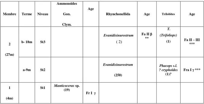 Tableau III-1. Répartition des ammonoïdes (Goniatites et Clymenies), brachiopodes (Rhynchonelida), Trilobites dans  la Formation des Argiles de Marhouma de la coupe de la Station d‘essence 