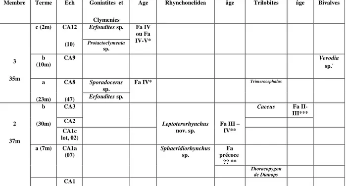 Tableau III-4. Répartition des ammonoïdes (Goniatites et Clymenies), des brachiopodes (Rhynchonelida), des  Trilobites et des Bivalves de la Formation des Argiles de Marhouma de la coupe du Cheffar El Ahmar  Fa = Famennien,  () nombre de specimens, d’après