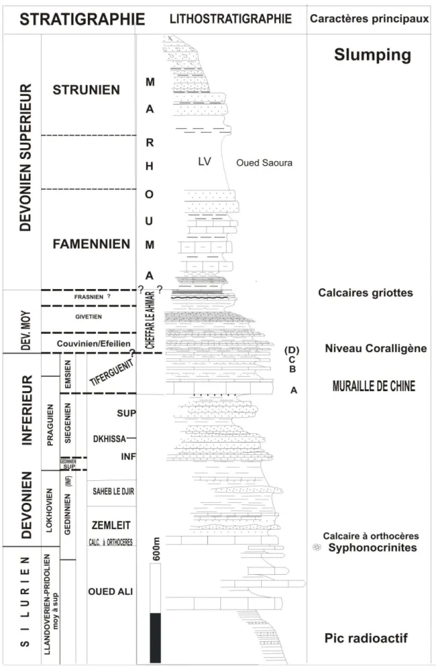 Fig. I – 4. Coupe lithostratigraphique simplifié des assises du Siluro –Dévonien dans l’Ougarta  (Fekirine et al., 1998) 