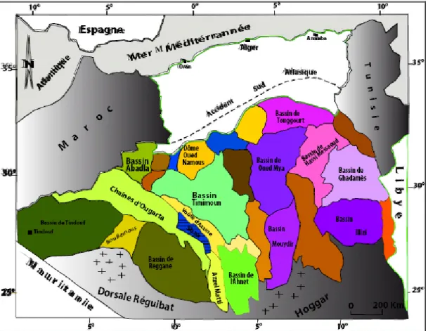 Fig. I -5. Carte des principaux bassins de la plate-forme saharienne  (CARTE SONATRACH DIVISION EXPLORATION, 2009)          