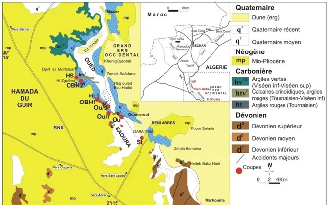 Fig. II-1.  Carte géologique, un extrait de la carte géologique de Béni-Abbes au 1/200.000,  NH-30-XVI