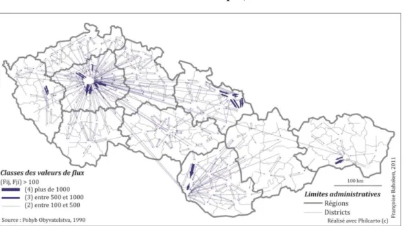 Figure 2-22. Cartographie des valeurs de flux supérieures à 100 migrants,   dans l’ex-Tchécoslovaquie, de 1990  