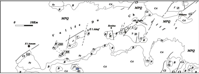 Fig. 3-  Les massifs de la vallée de Chélif (Kirèche, 1993).  2. Cadre géographique local et limite de la région d’étude (fig