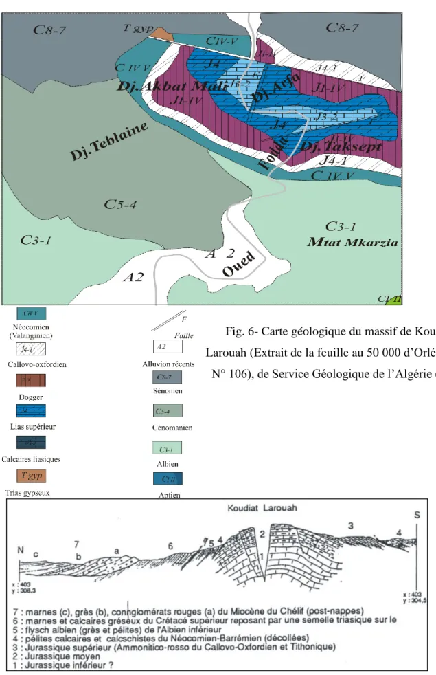 Fig. 6- Carte géologique du massif de Koudiat  Larouah (Extrait de la feuille au 50 000 d’Orléansville 