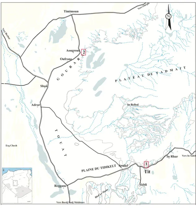 Fig. 2- Localisation géographique des secteurs d’études (1 : Tit et 2 : Aougrout). 