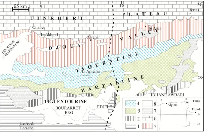 Fig. 8- Carte géologique simplifie des séries du Continental intercalaire des confins algéro- algéro-libyens (Lefranc et Guiraud, 1990)