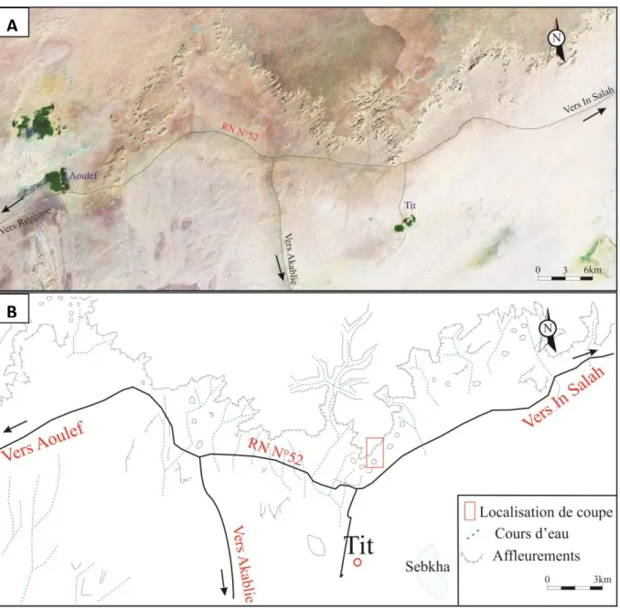 Fig. 12- Photo satellitaire (A) montrant la localisation et l’itinéraire de coupe de Tit (B) A 