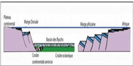 Figure 5 : Evolution géodynamique - rifting au Lias inférieur - moyen (Bouillin, 1986 ; Le Roy, 2004).