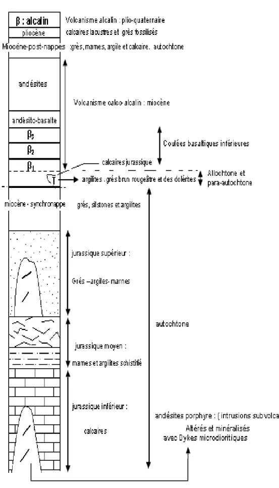Fig. 6 : Log synthétique des formations du secteur des M’Sirda  I.5. Aperçu tectonique régional 