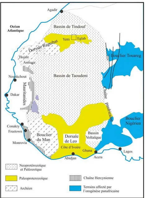 Fig6 :  Schéma géologique du craton ouest africain : localisation de la dorsale Reguibat,  la jointure Yetti-Eglab est représentée par le carré noir,  (in Peucat et al., 2005)