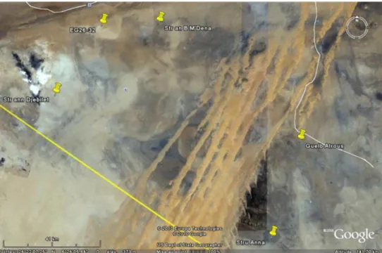 Fig1 :  Image  satellitale    (Google  Earth)  ,  vue  d’ensemble  de  la  situation  de  la  structure  d’Anna  ,  situé  prés  de  la    frontière  Algéro-  Mauritanienne,  et  sa  position par rapport a la structure de Bled M’Dena