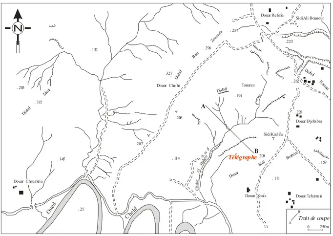 Fig. 2- Situation géographique du secteur du Télégraphe de Sidi Brahim  (d’après la carte de Hadjadj au 1/25 000)