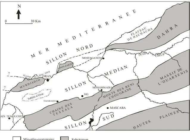Fig. 3 - Position du Bassin du Bas Chélif dans la structure générale de  l’Oranie (d’après DELFAUD et al., 1973) 