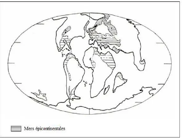 Fig. 8 : Paléogéographie du monde au Crétacé terminal (d'après Ziegler et al., 1982): 1