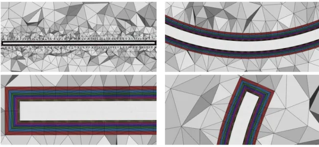 Figure 1.12: Ten BL test case. Initial mesh (left) and close-ups on the final BL mesh (right), with the elasticity-based mesh deformation method.
