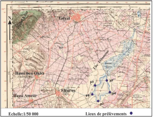 Figure n°36 : Localisation des lieux des prélèvements (extrait de la carte topographique  de Gdyel 1/50000)
