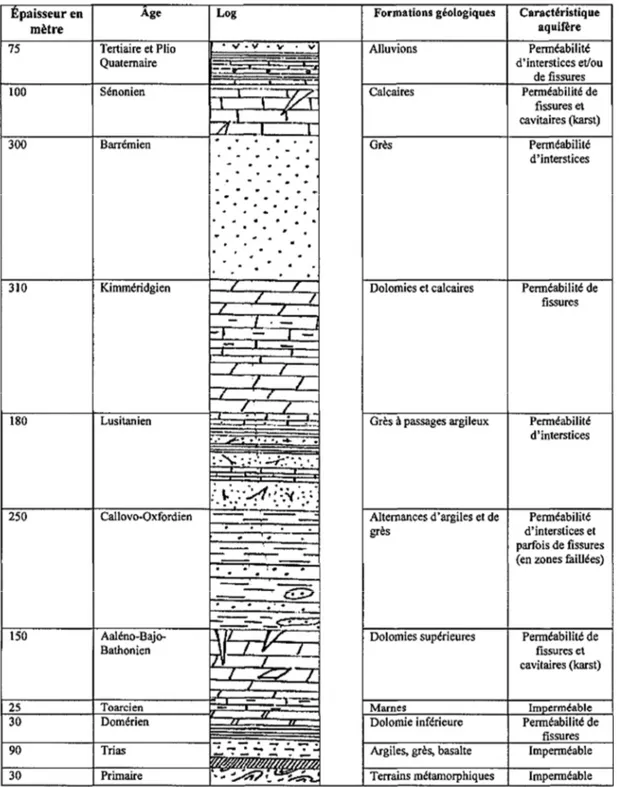 Fig. 13: Coupe des caractéristiques hydrogéologiques de la région de Saida.  (D’après Clair, (1952) et Pitaud, (1973))