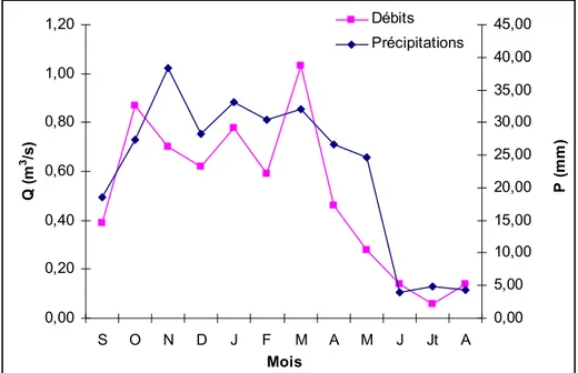 Fig. 49 : Variation mensuelle des débits en fonction des précipitations à la  station de  Sidi Boubekeur (1989/1990-2005/2006)