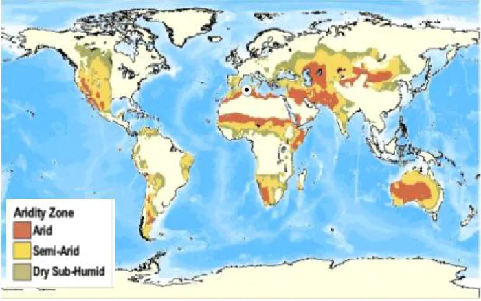 Fig. 27: La carte mondiale des terres arides Source: UNEP/GRID 1991 dans WRI.  La figure si dessus (Fig