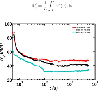 Fig. 3.15 – Evolution du rayon de giration au cours du temps pour trois réalisations d’une expérience directe à une fréquence de rotation 14 Hz
