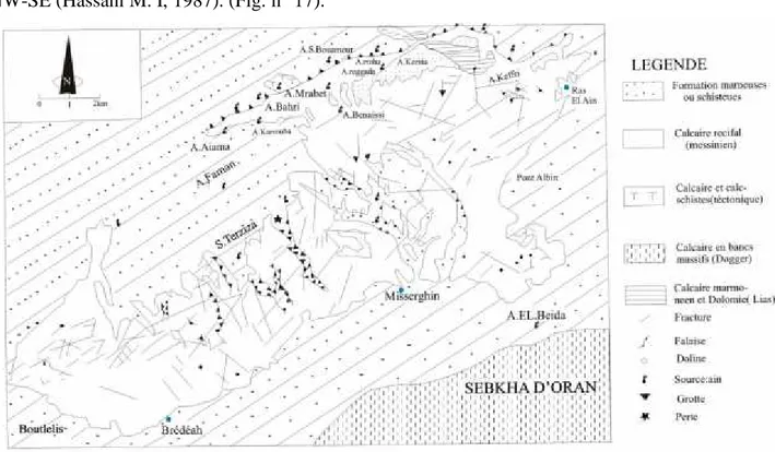 Fig. n° 17: Carte de localisation des sources et de la fracturation des calcaires