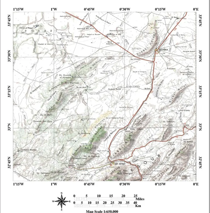 Figure 17 : Situation géographique du synclinal de Nâama  Extrait de la carte d’Ain Sefra 1/500.000 ème 