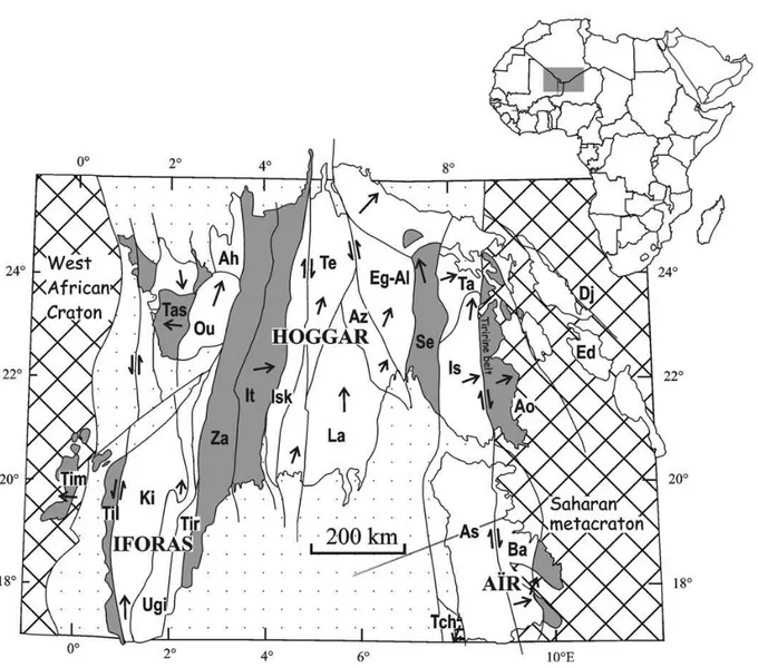 Figure II-2 : Carte des différents terranes du bouclier Touareg (d’après Black et al., 1994)  * Flèches pleines: direction du mouvement de l'Est vers l'Ouest