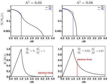 Figure 5. Electron and ion density profiles (top panels) and electric field profiles for