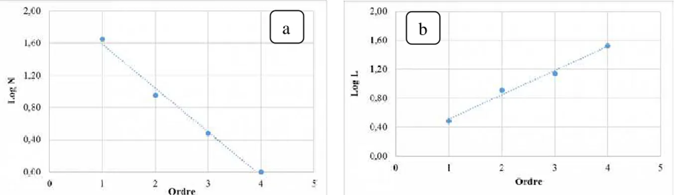 Figure 12. Graphe représentant nombre et longueur des ordres du chevelu du bassin versant de 