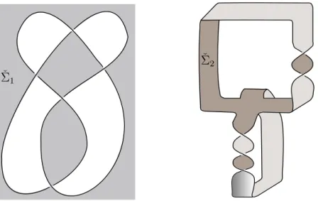 Figure 1 – Incompressible surfaces in the complement of the knot 5.2. The surface Σ 1 is the orientation covering of the non oriented surface here colored on the left,