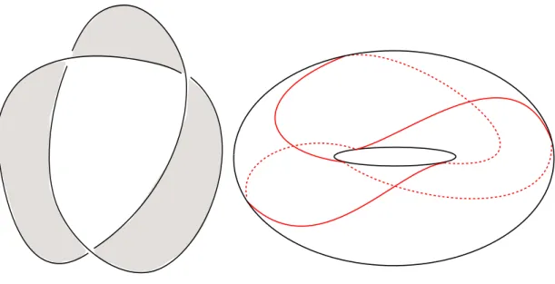 Figure 2.1 – On the left, the classical diagram of a trefoil knot, with an incompres- incompres-sible Möbius band in its complement