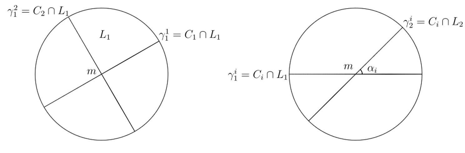 Fig. 1.3 – Angle entre L 1 et L 2 , droites complexes stables de I 1 ◦ I 2 .