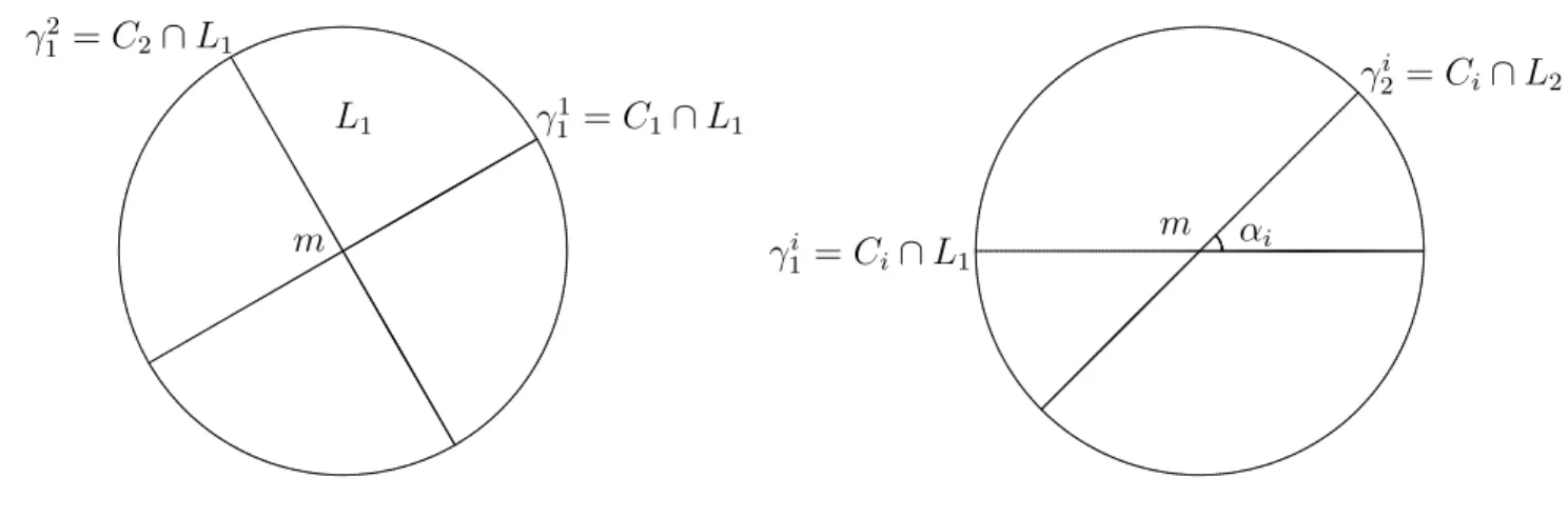 Fig. 1.3 – Angle entre L 1 et L 2 , droites complexes stables de I 1 ◦ I 2 .