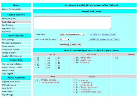 Figure 3. – Aperçu de la plateforme CQPweb.