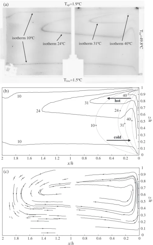 Fig. 6.2 – (a) Temperature ﬁeld for experiment SG1.1 (see table 6.3). The vertical heated wall is on the right of the image