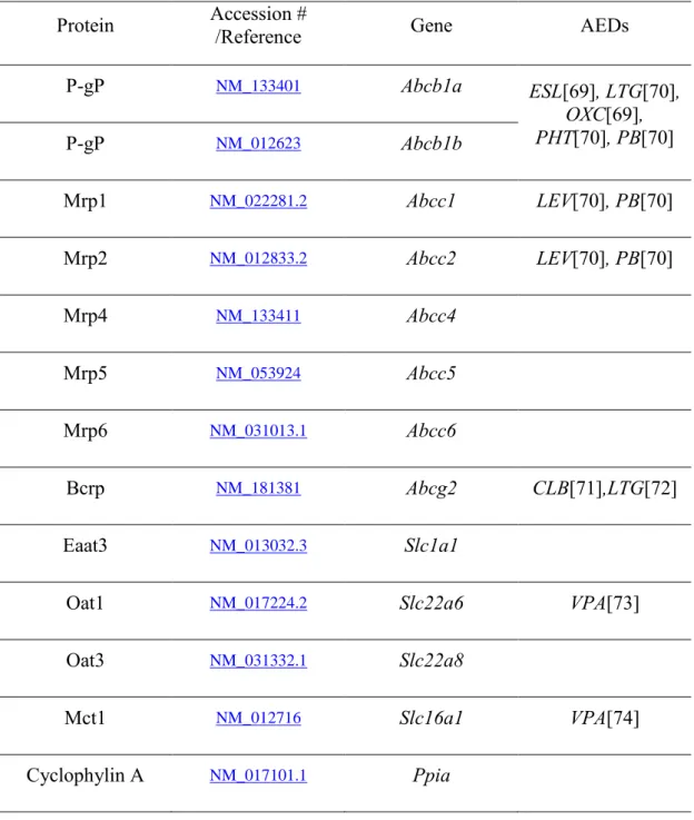 Table I – Selected ABC and SLC genes and their antiepileptic drugs substrates (PHT – phenytoin, PB  –  phenobarbital,  OXC  –  oxcarbazepine,  ESL  –  eslicarbazepine,  LEV  –  levetiracetam,  LTG  –  lamotrigine, CLB – clobazam, VPA – valproic acid)
