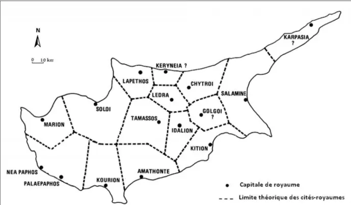 Figure 3 - Carte des cités-royaumes de Chypre à la fin de la période chypro-archaïque (d’après Rupp 1987, p