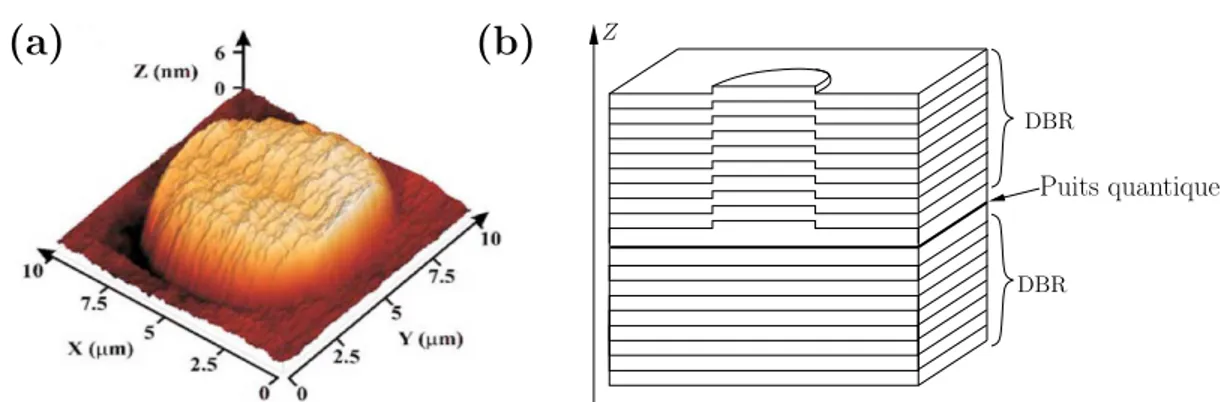 Fig. 1.7: (a) Image par microscopie à force atomique d’une microcavité contenant une boîte photonique obtenue par recroissance [19]