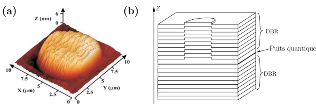 Fig. 1.7: (a) Image par microscopie à force atomique d’une microcavité contenant une boîte photonique obtenue par recroissance [19]