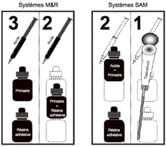 Figure 1.23 – Classiﬁcation des systèmes adhésifs : les M &amp;R3 et 2, les SAM2 et 1 ([DMVLP + 05])