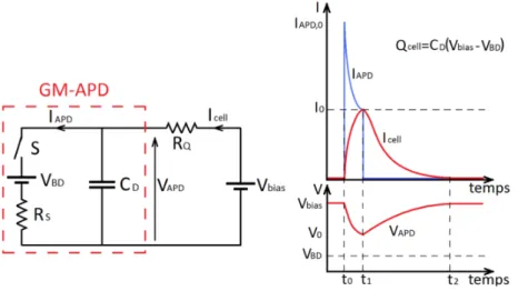 Figure III.10 – Circuit équivalent d’une APD en mode Geiger avec résistance de quenching (à