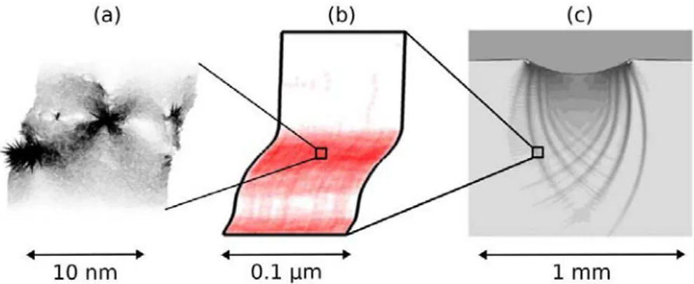 Figure 1.7 – Multiscale modeling of amorphous materials, ﬁgure from Ref. [147] At the nanometric scale, atomistic simulations (a), at the micrometric scale mesoscopic