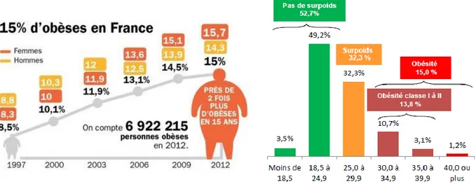Figure 1. Evolution de la prévalence de l’obésité en France entre 1997 et 2012 et répartition 