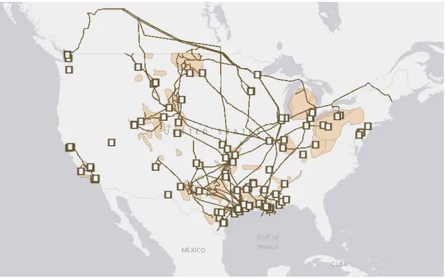 Figure 41. U.S. main tight oil formations, refineries and pipelines, 2018. Source: U.S