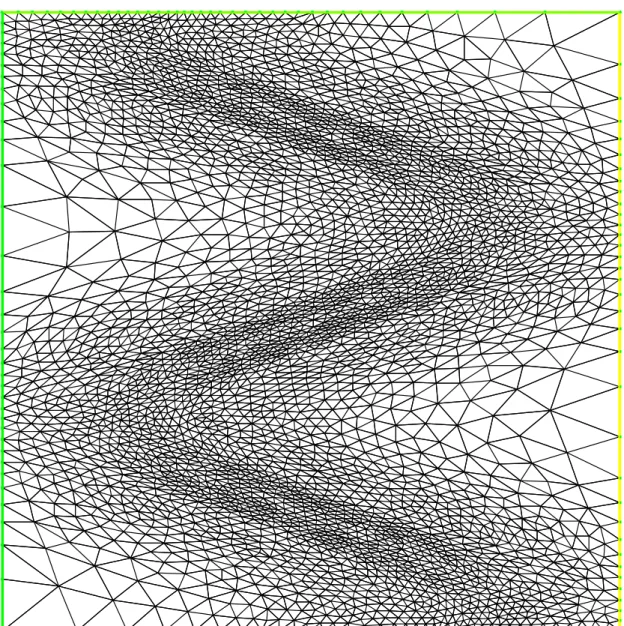 Figure 3.11: Adapted meshes. cc=10, coef=10, metrics computed with this algorithm for the (3.5) error estimator, using the fourth derivatives.