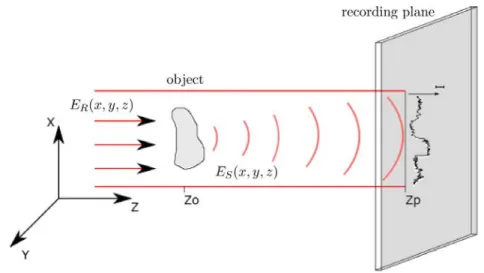 Figure 1.1: In-line holography configuration scheme. Interference takes place between the light scattered by a weakly scattering object (semitransparent) and the strong coherent background due to the direct transmission of the incident light through the