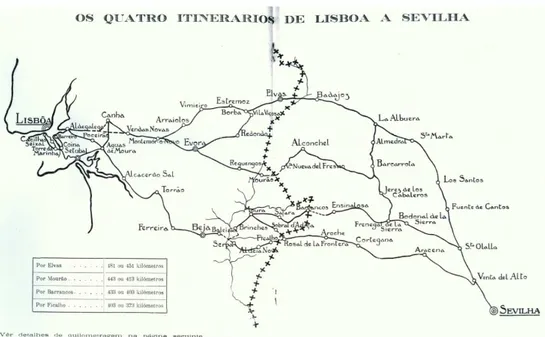 Figura 7: Os quatro itinerários de Lisboa a Sevilha 163