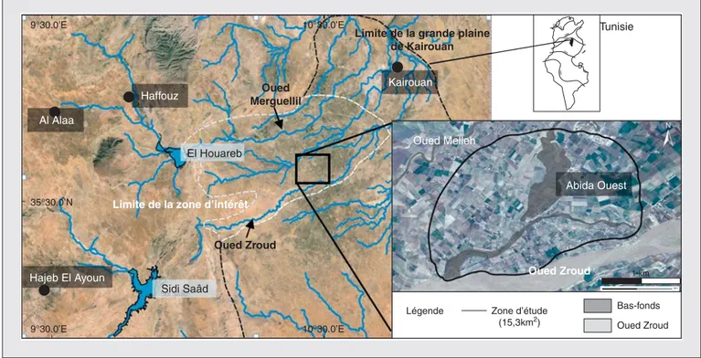 Figure 1. Localisation de la plaine de Kairouan et des principales villes, grands barrages et réseau hydrographique, et zoom sur la zone d'étude d'Abida Ouest