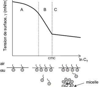 Figure I-4 Isotherme de tension de surface  γ(ln C T ) pour un tensioactif simple 