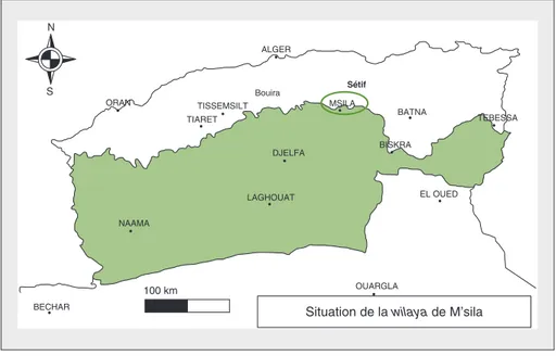 Figure 1. Situation de la wilaya de M'sila ( Nedjraoui et Bedrani, 2008 ). Figure 1. Location of the province of M'sila ( Nedjraoui and Bedrani, 2008 ).